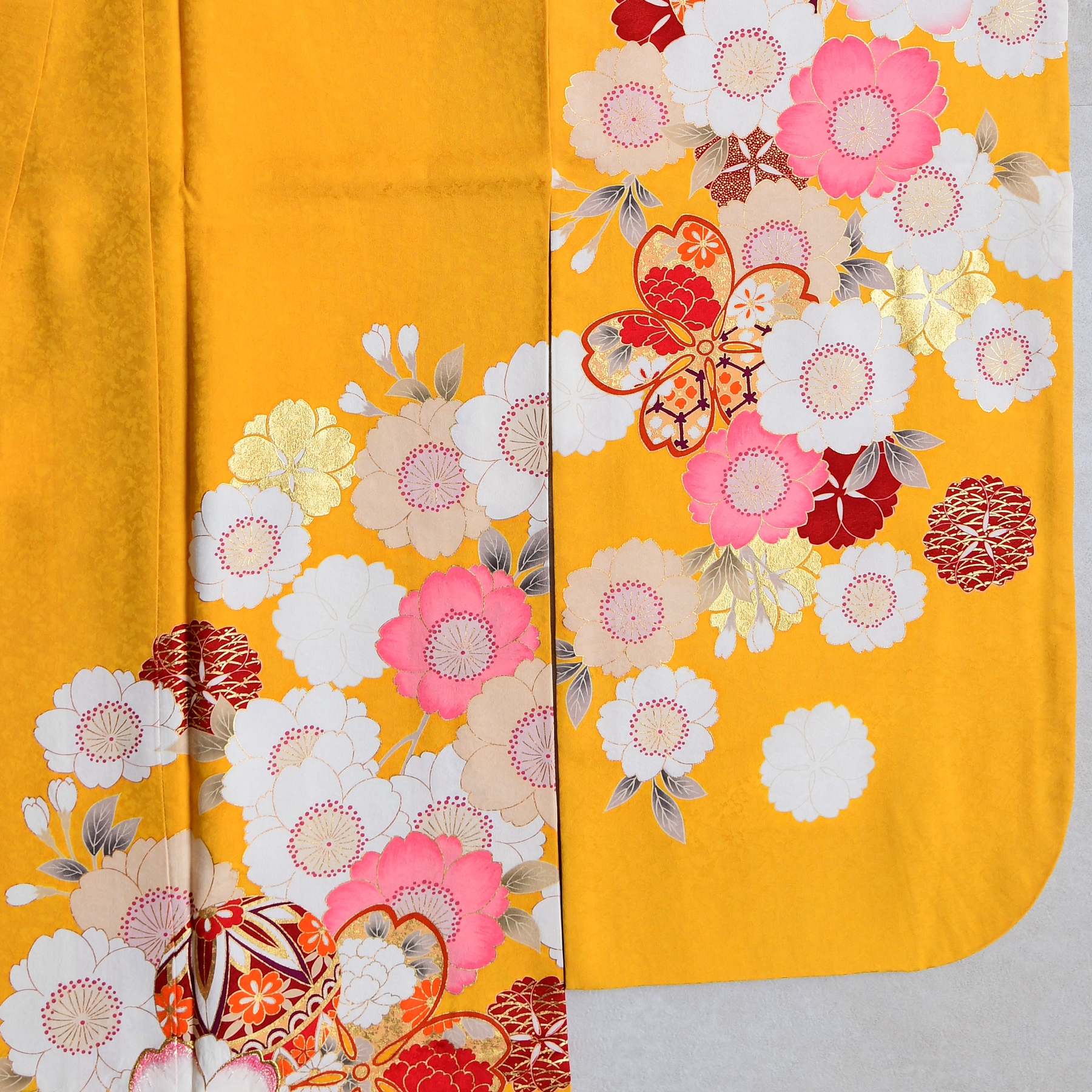 お振袖フルセット　7点セット　黄　桜小花　正絹　美品　成人式 楽天市場】【成人式 振袖 レンタル】RS1157 正絹 薄黄 桜と