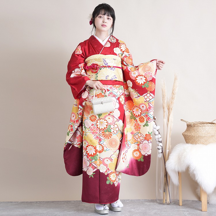 振袖 レンタル 成人式 21点セット レトロ 成人式セット 花 赤系 正絹