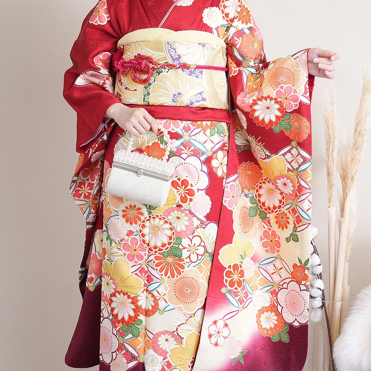 振袖 レンタル 成人式 21点セット レトロ 成人式セット 花 赤系 正絹