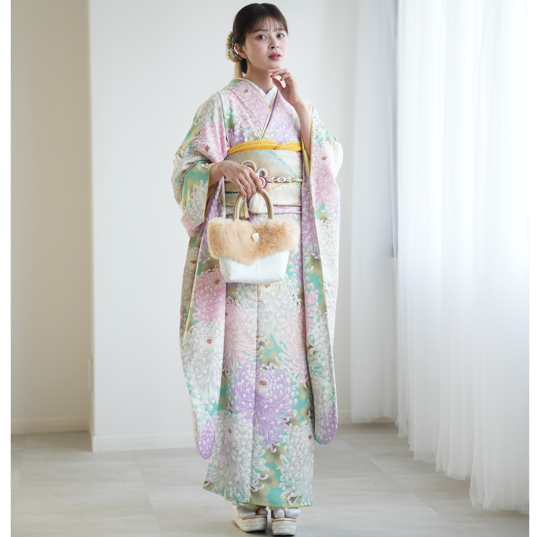 浴衣　振袖 utatane 高級変わり織 浴衣3点セット ( ゆかた・帯・下駄