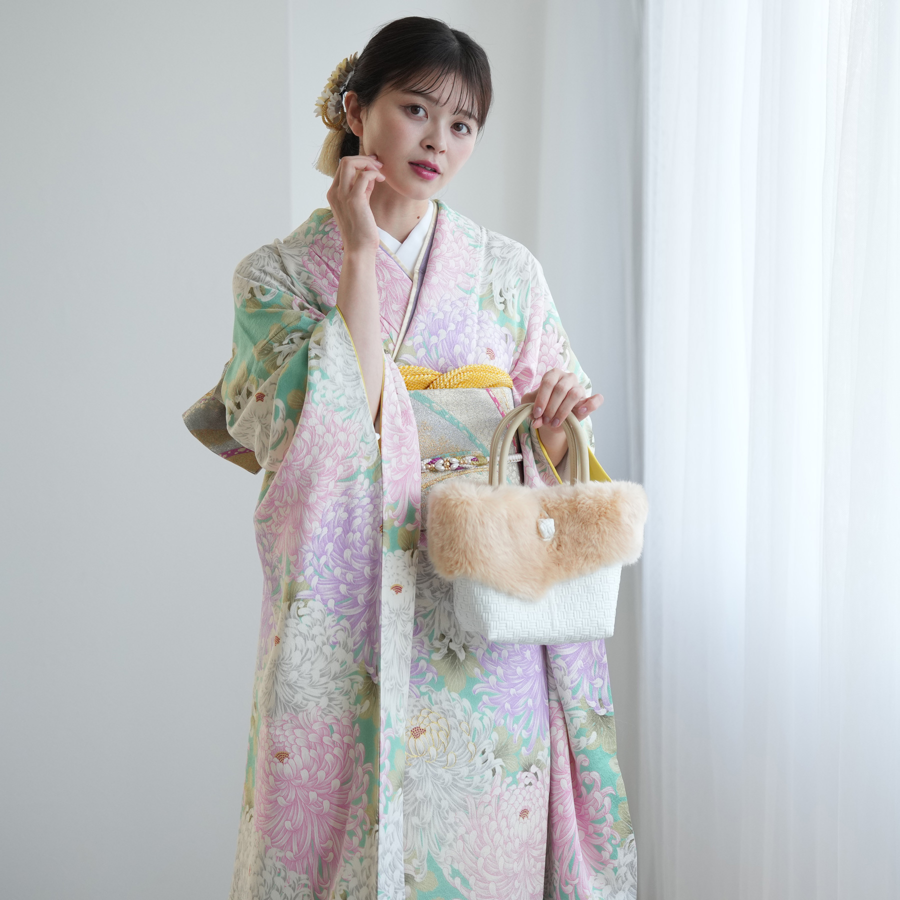 振袖 レンタル 成人式 21点セット レトロ 成人式セット 花 緑系 正絹