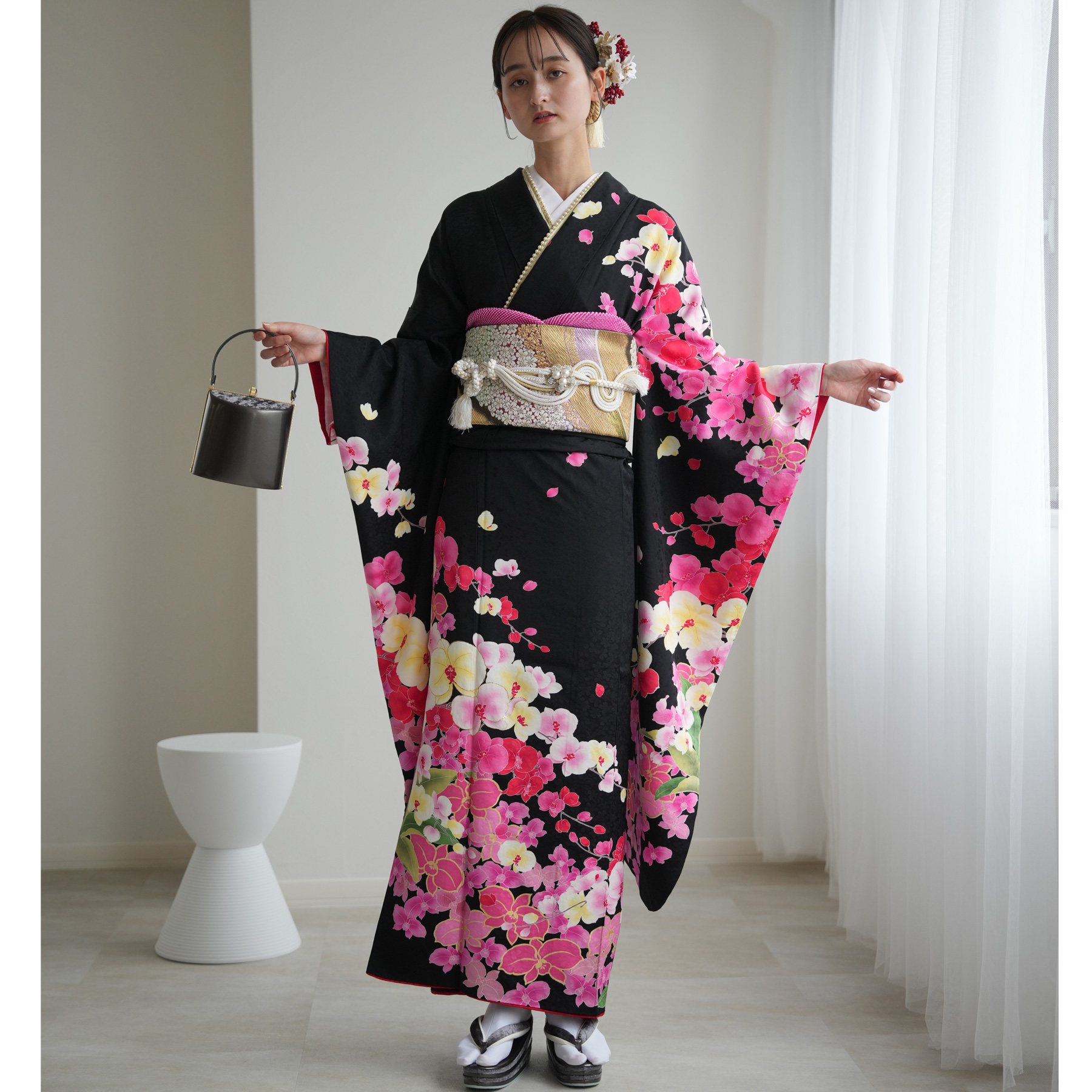 振袖 レンタル 成人式 21点セット レトロ 振袖セット 花 黒系 正絹