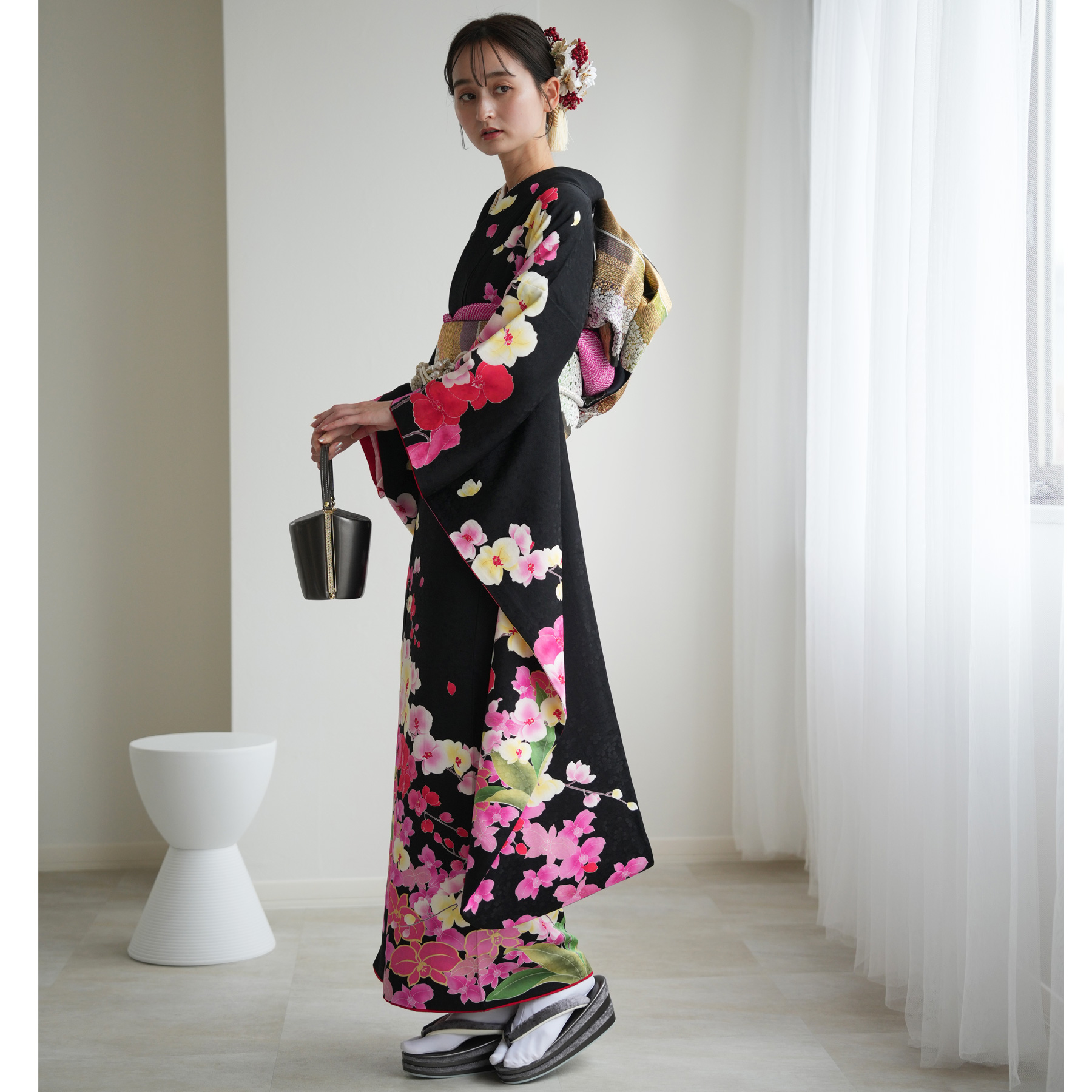 振袖 レンタル 成人式 21点セット レトロ 振袖セット 花 黒系 正絹
