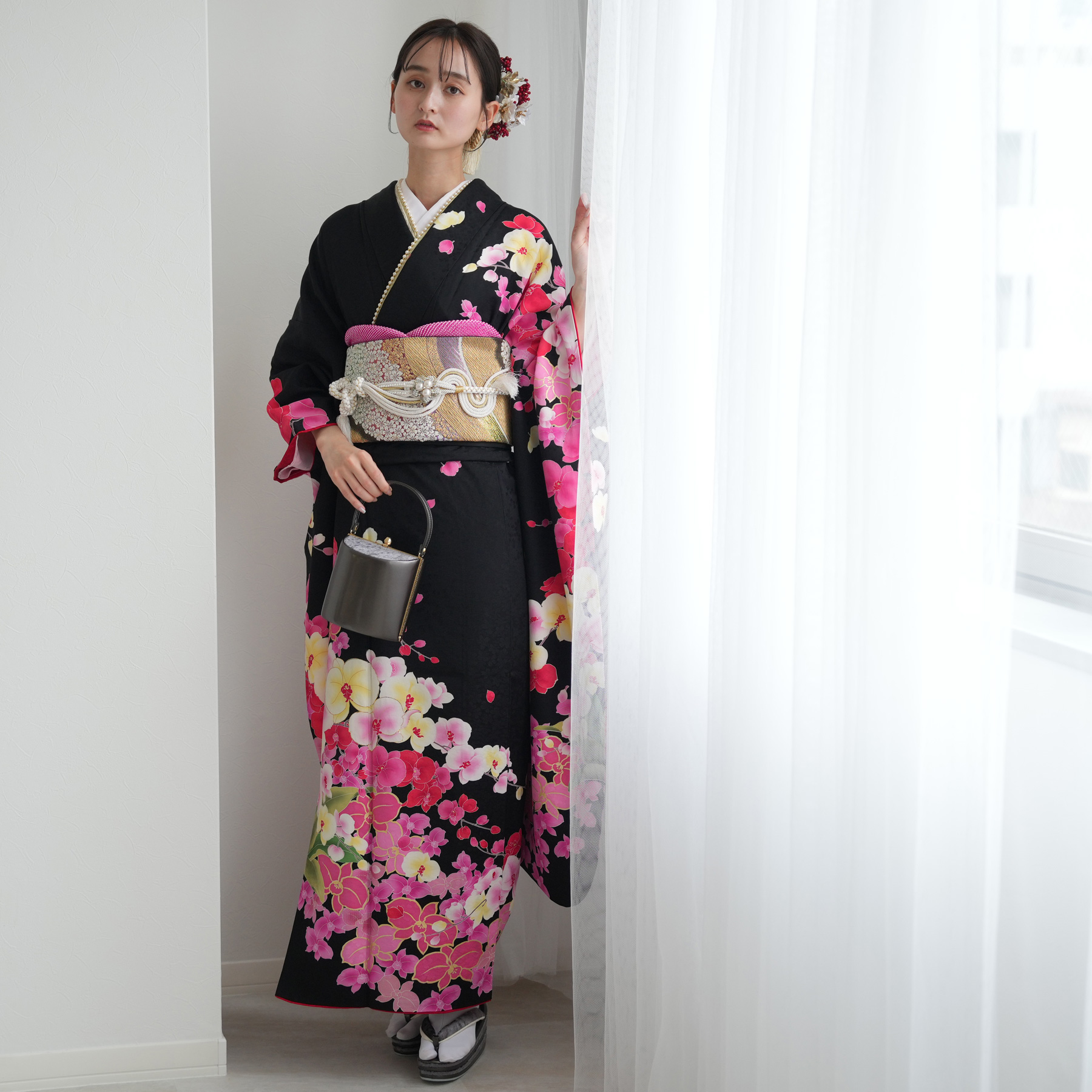 振袖 レンタル 成人式 21点セット レトロ 振袖セット 花 黒系 正絹