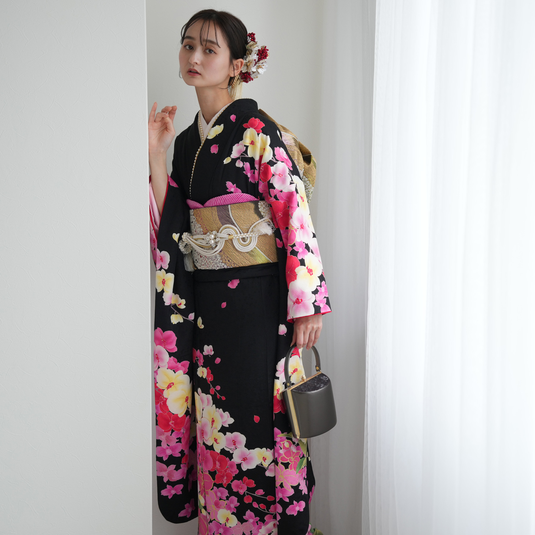 振袖 レンタル 成人式 21点セット レトロ 振袖セット 花 黒系 正絹