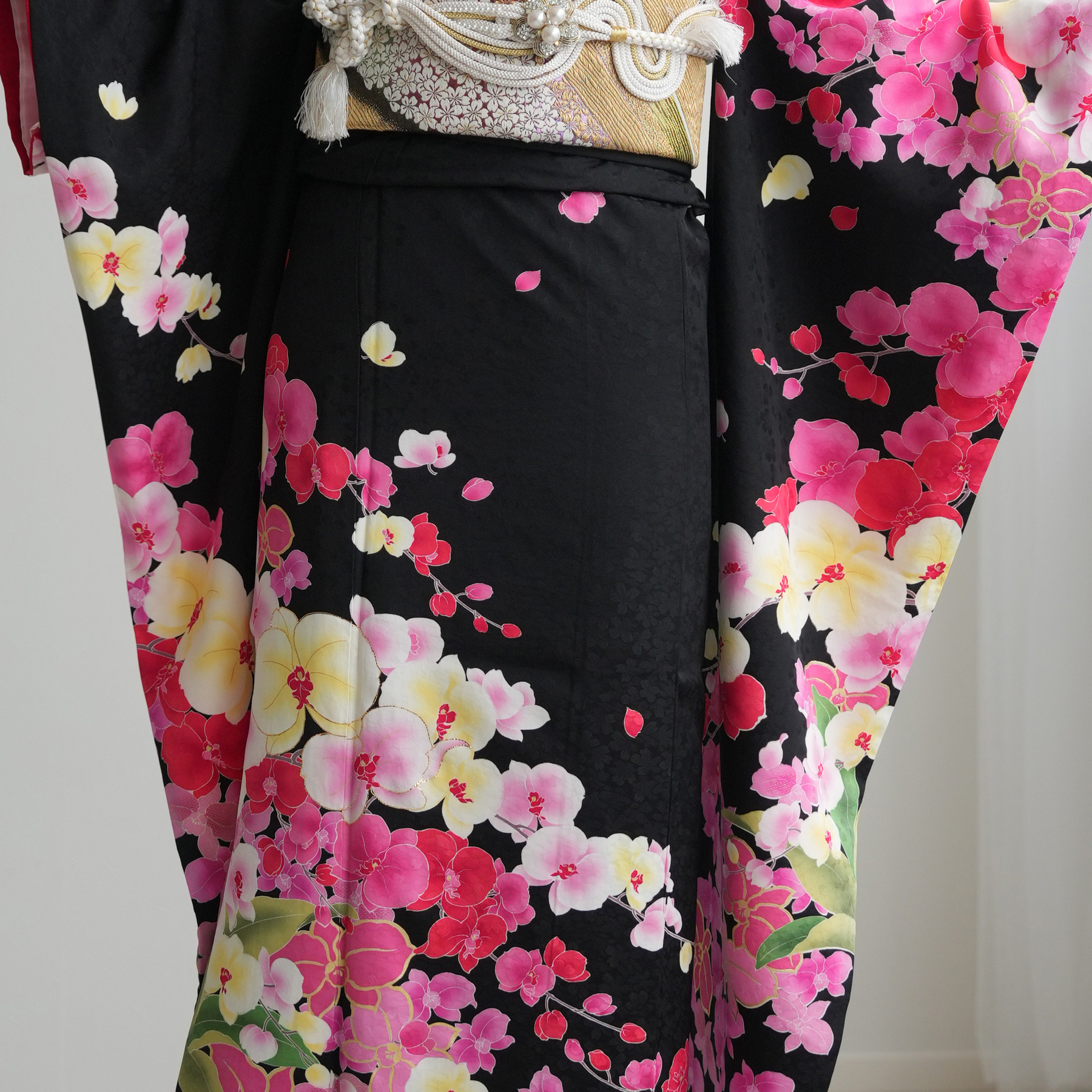 振袖 レンタル 成人式 21点セット レトロ 振袖セット 花 黒系 正絹