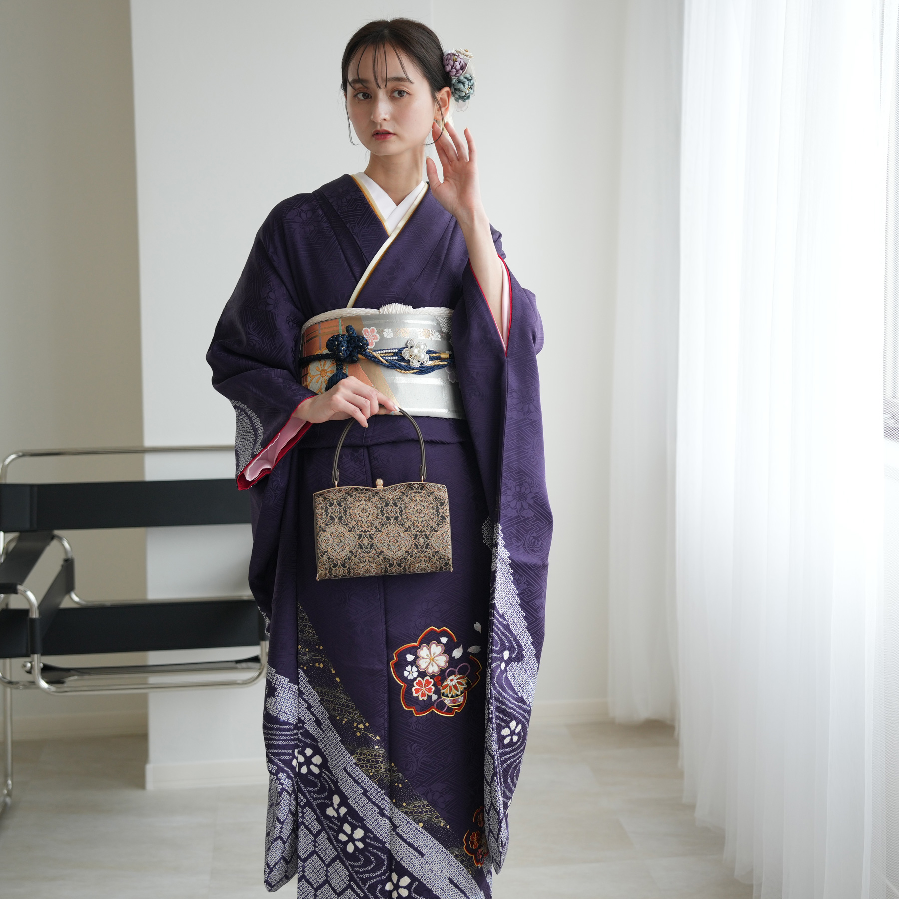 振袖/鼓草花金彩染め分け紫中古美品振袖set/身丈167.5裄丈66.5紫成人式 振袖/鼓草花金彩染め分け紫中古美品振袖set/身丈167.5裄丈66.5紫