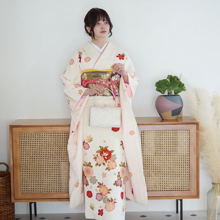 振袖 レンタル 成人式 21点セット レトロ 古典 成人式セット 結婚式 結納 前撮り 正絹 乳白に可憐なレトロ花