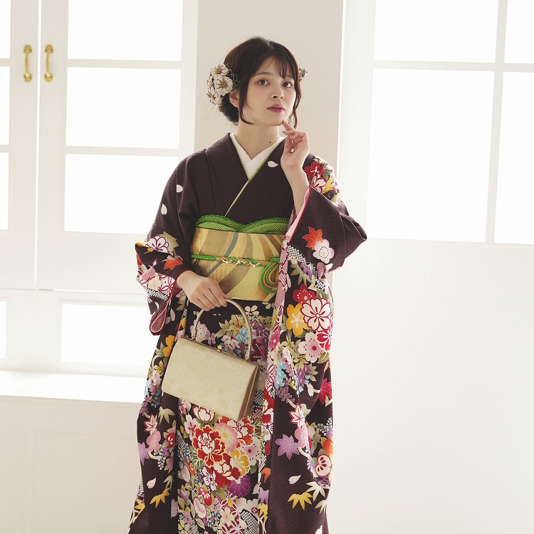振袖 レンタル 成人式 21点セット レトロ 成人式セット 花 濃茶系 正絹