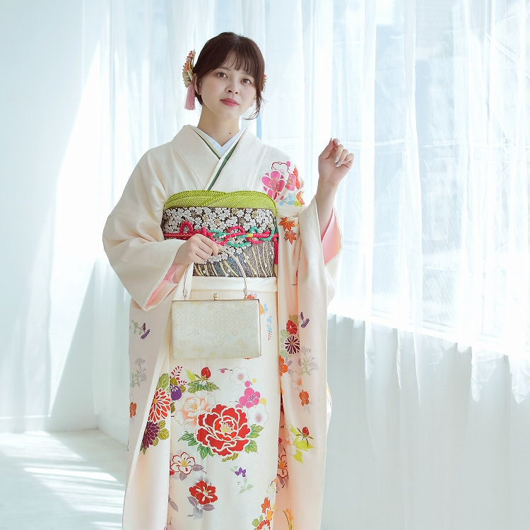 振袖 レンタル 成人式 21点セット レトロ 振袖セット 花 正絹 乳白色に