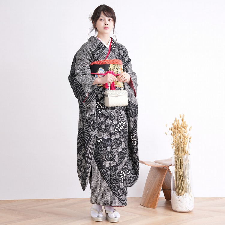 振袖 レンタル 成人式 21点セット レトロ 振袖セット 花 黒系