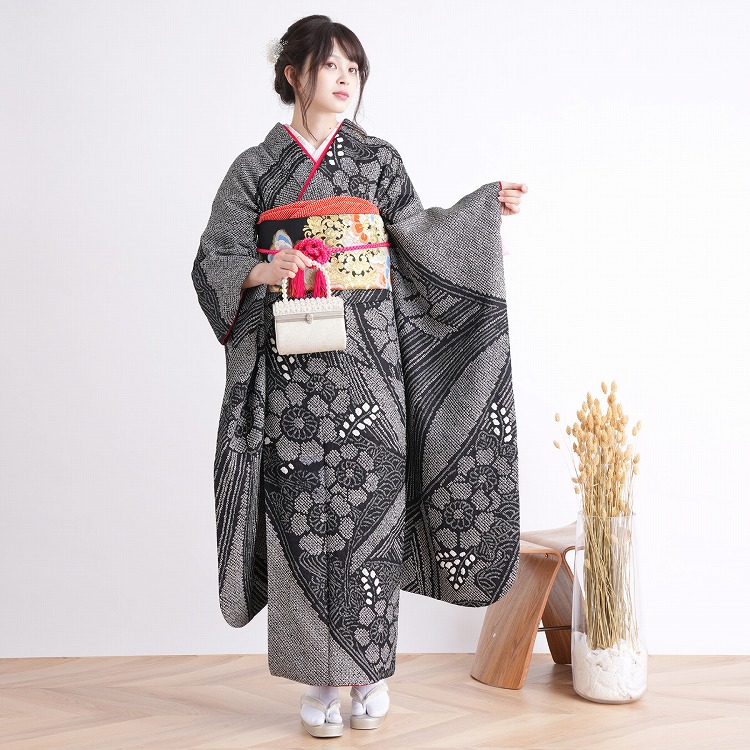 振袖 レンタル 成人式 21点セット レトロ 振袖セット 花 黒系 正絹