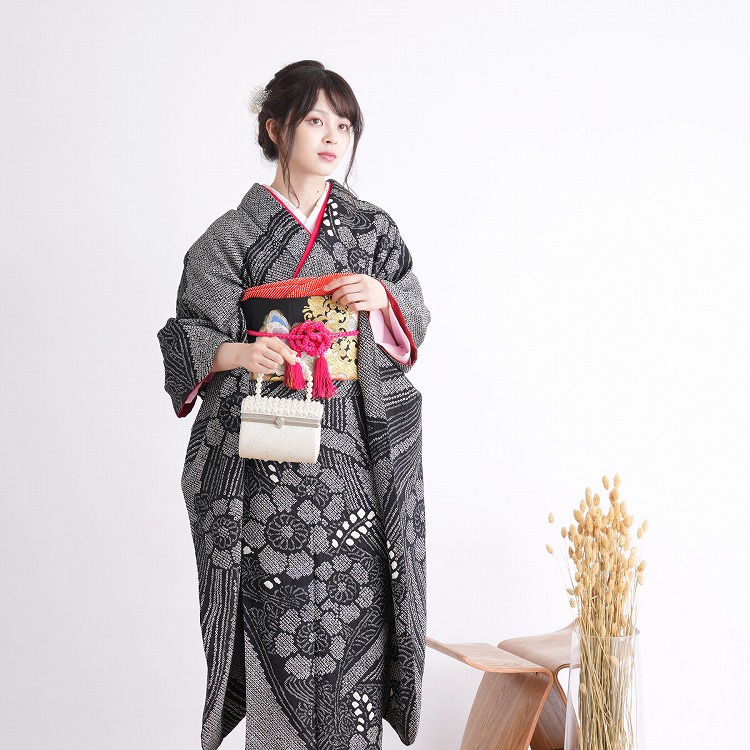 振袖 レンタル 成人式 21点セット レトロ 振袖セット 花 黒系 正絹