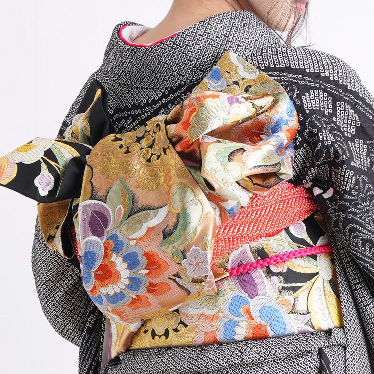 振袖 レンタル 成人式 21点セット レトロ 振袖セット 花 黒系 正絹