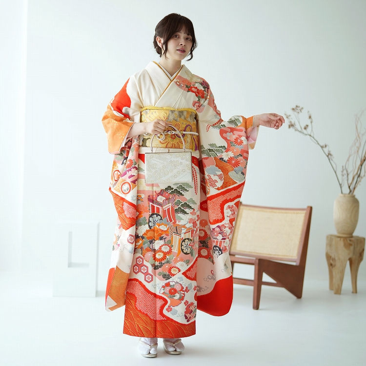 振袖 レンタル 成人式 21点セット レトロ 成人式セット 花 オレンジ系