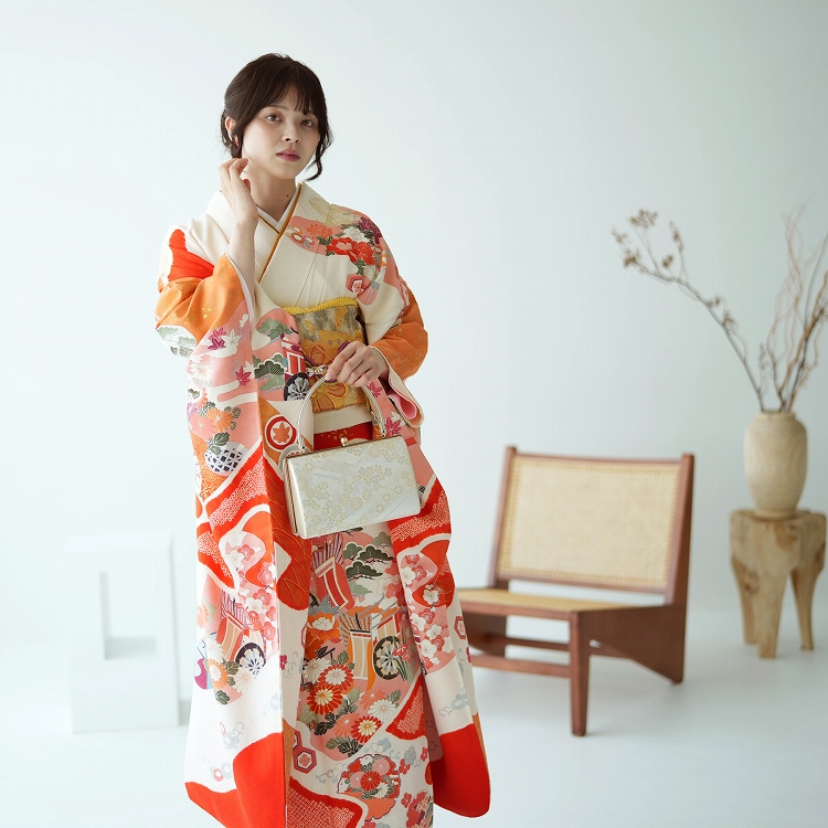 振袖 レンタル 成人式 21点セット レトロ 成人式セット 花 オレンジ系