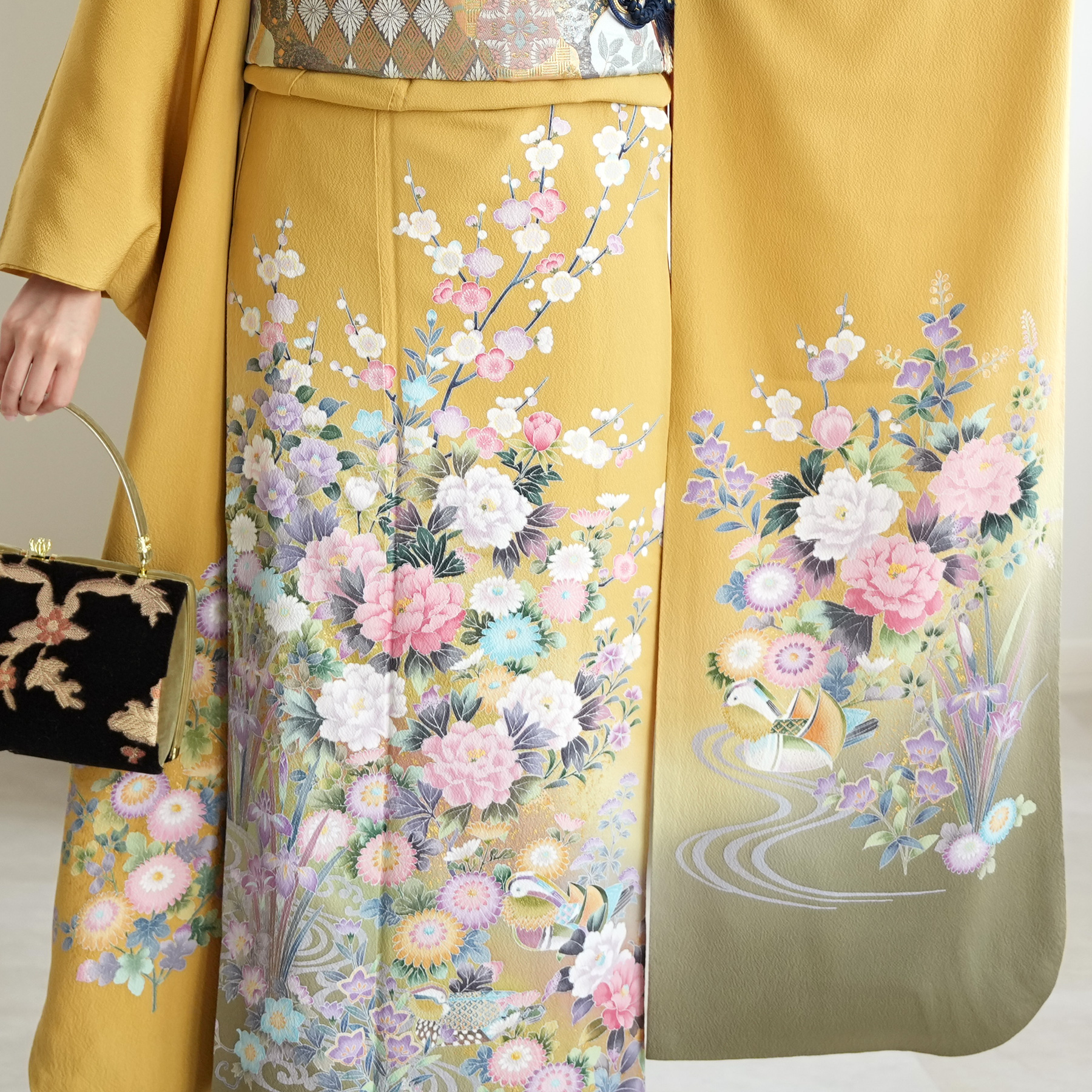 振袖 レンタル 成人式 21点セット 古典柄 レトロ 花 黄系 正絹 フル