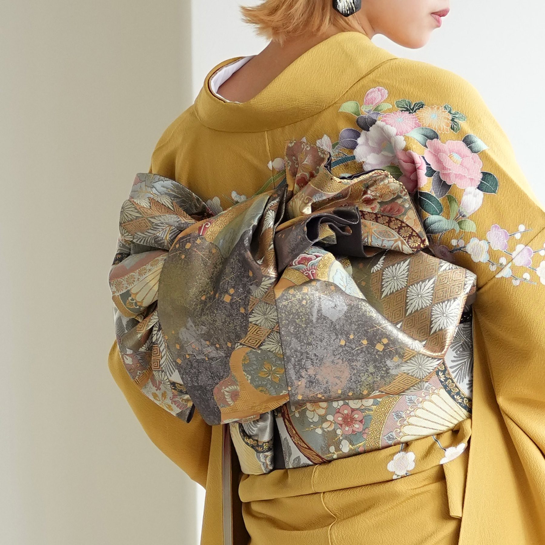 振袖 レンタル 成人式 21点セット 古典柄 レトロ 花 黄系 正絹 フル