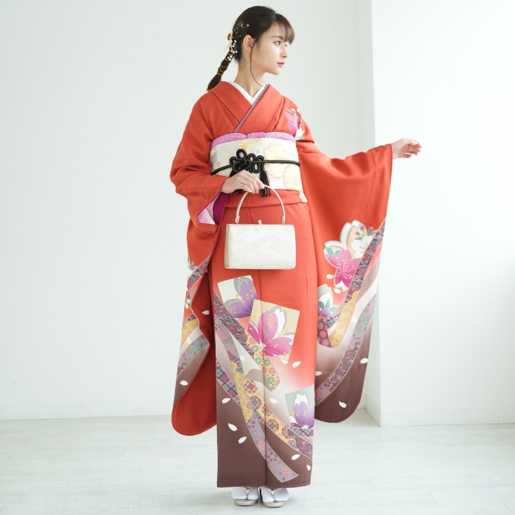 【utatane公式】USED/中古 振袖着物 単品 赤地に花化粧 振袖 レンタル 成人式 21点セット 古典柄 レトロ アンティーク系 花