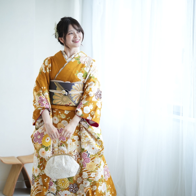 レンタル 振袖 成人式 結婚式 21点セット 古典柄 レトロ 花 からし系
