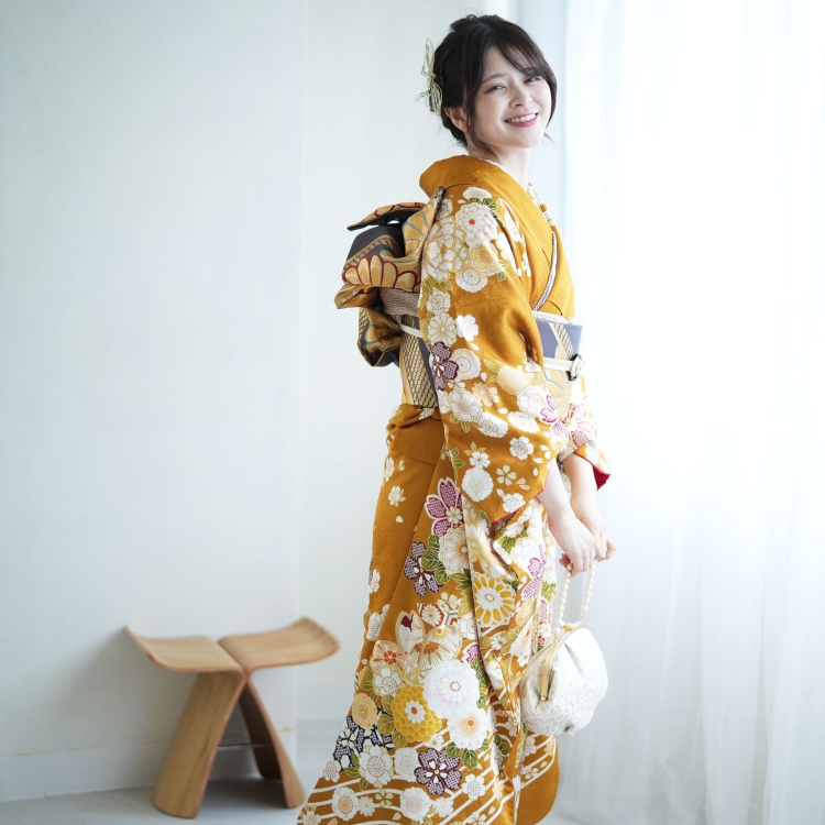 レンタル 振袖 成人式 結婚式 21点セット 古典柄 レトロ 花 からし系