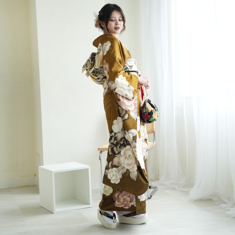 501aj82◎振袖＆袋帯 セミアンティーク 成人式 結婚式 十三参り◎ レンタル 振袖 成人式 21点セット 古典柄 レトロ アンティーク系