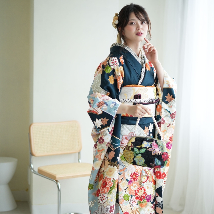 レンタル 振袖 成人式 結婚式 21点セット 古典柄 レトロ 花 濃紺系