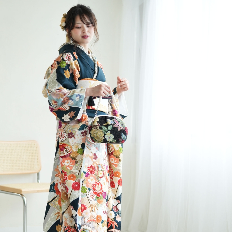レンタル 振袖 成人式 結婚式 21点セット 古典柄 レトロ 花 濃紺系