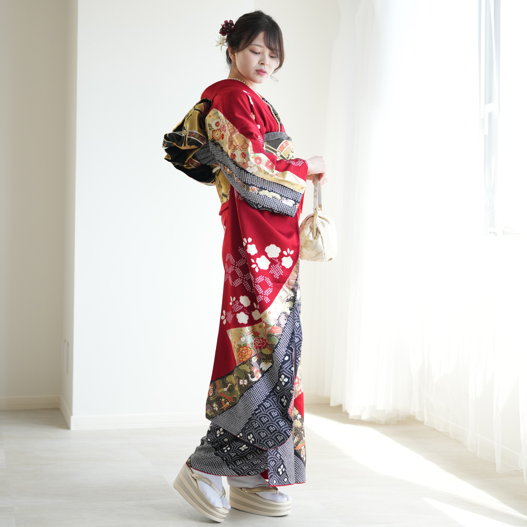 レンタル 振袖 成人式 正絹着物+袋帯 21点セット 絵羽 結婚式 赤系