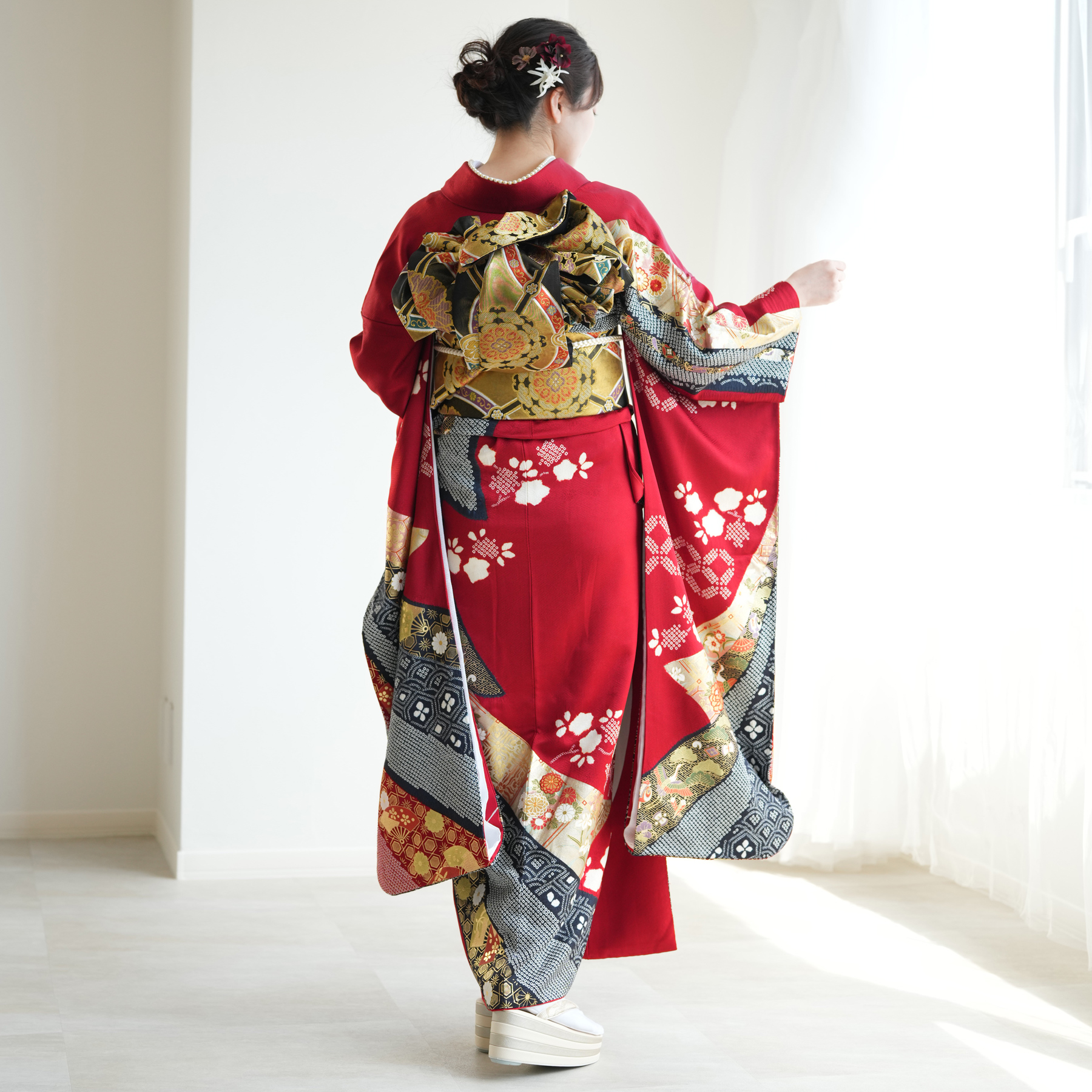 レンタル 振袖 成人式 正絹着物+袋帯 21点セット 絵羽 結婚式 赤系