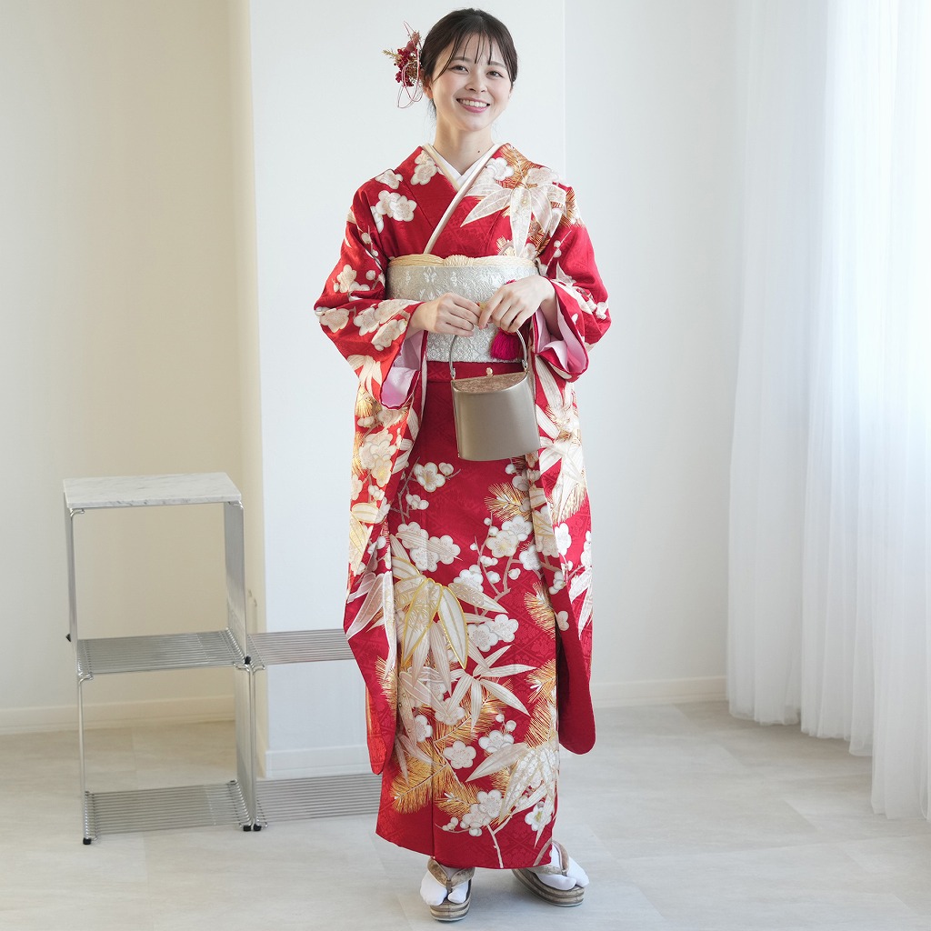 レンタル 振袖 成人式 正絹着物 正絹袋帯 21点セット 絵羽 赤にレトロ