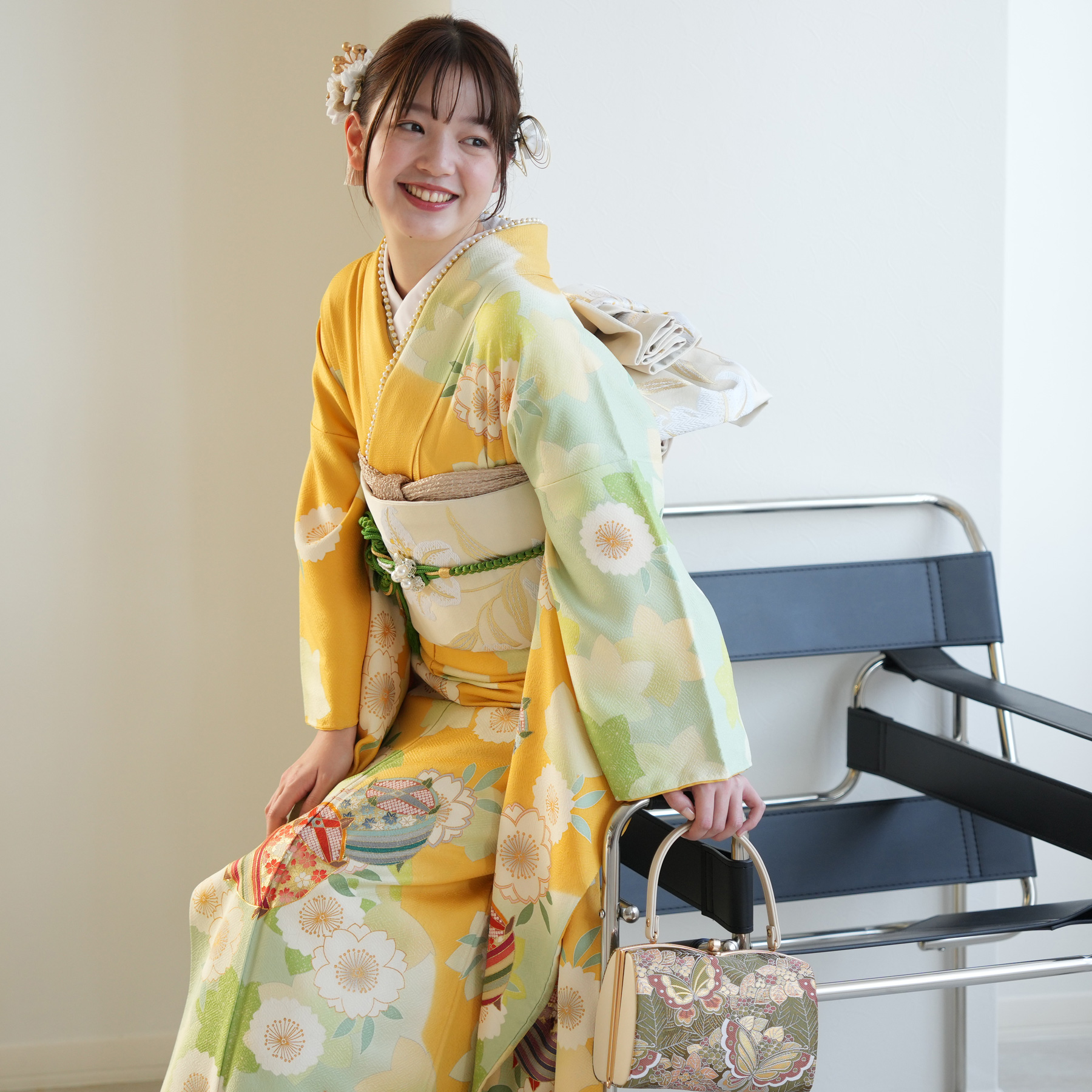7歳 ☆大正浪漫アンティーク☆レトロポップな着物と黄緑作り帯☆七五三