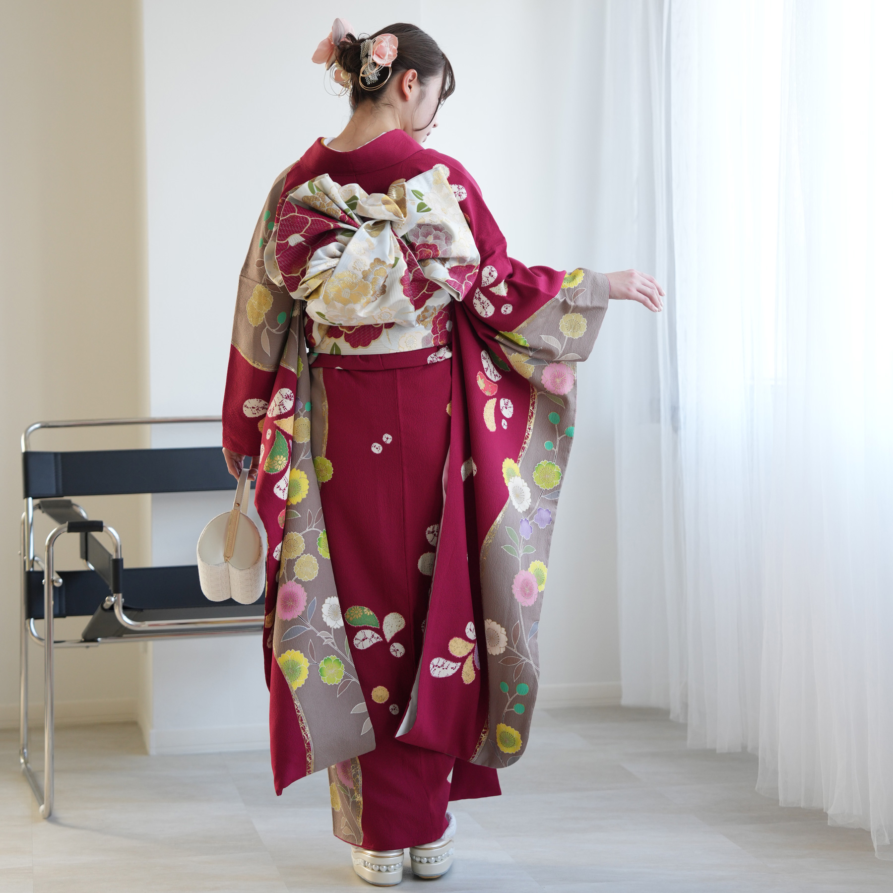 レンタル 振袖 アンティーク正絹着物+袋帯 21点セット 絵羽 深紅に咲く 