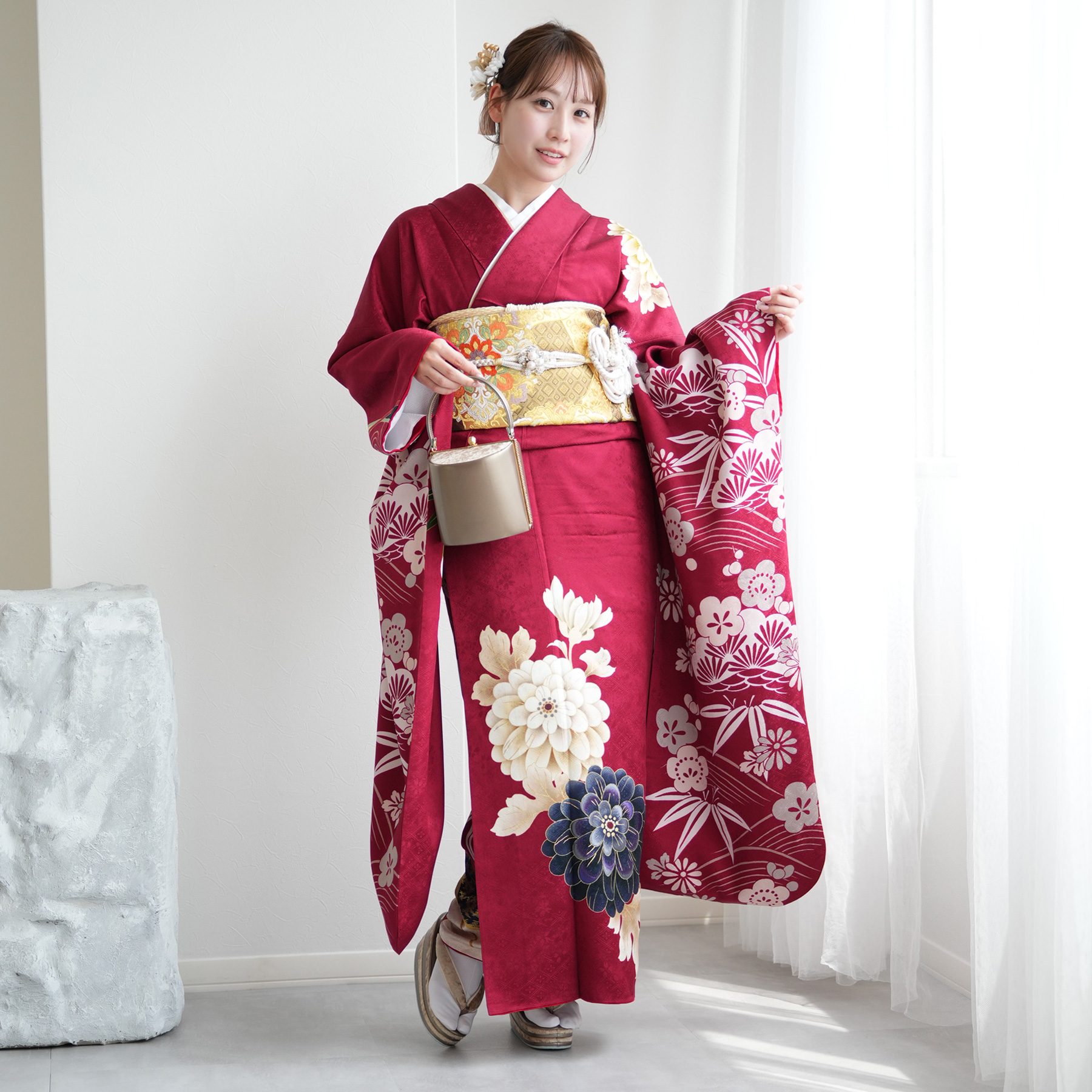 レンタル 振袖 正絹着物+袋帯 21点セット 絵羽 深紅に大きな古典菊