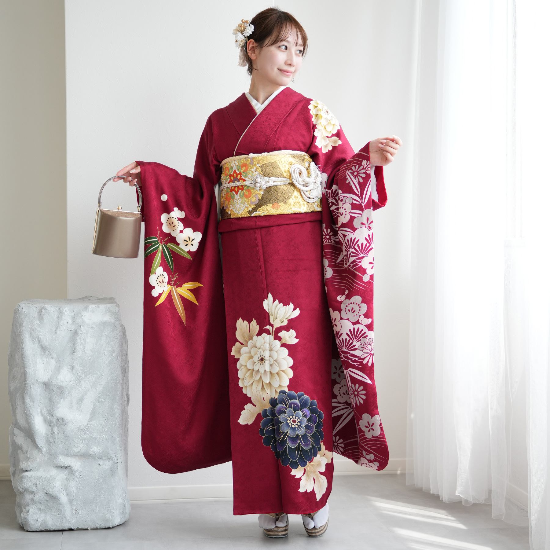 レンタル 振袖 正絹着物+袋帯 21点セット 絵羽 深紅に大きな古典菊