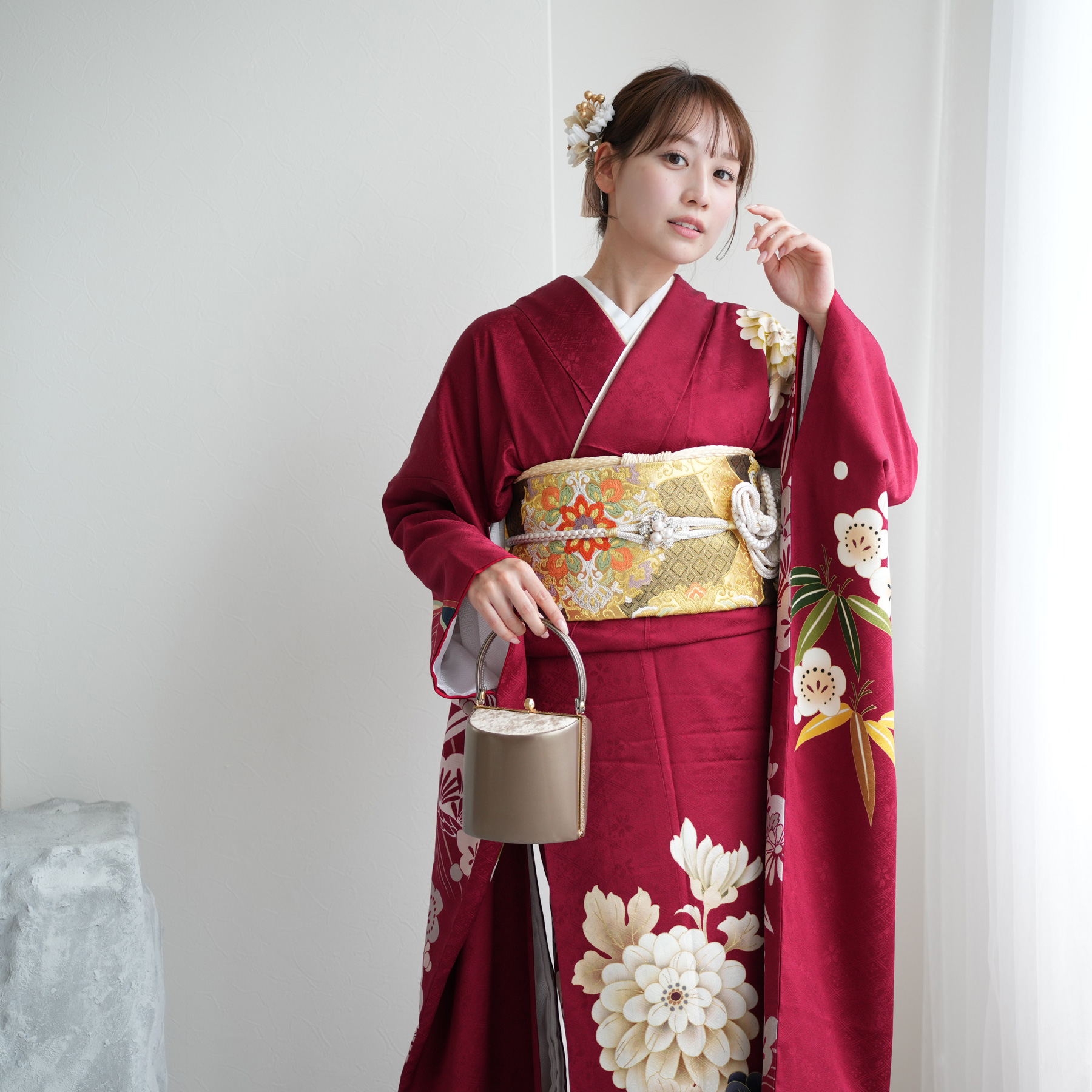 レンタル 振袖 正絹着物+袋帯 21点セット 絵羽 深紅に大きな古典菊