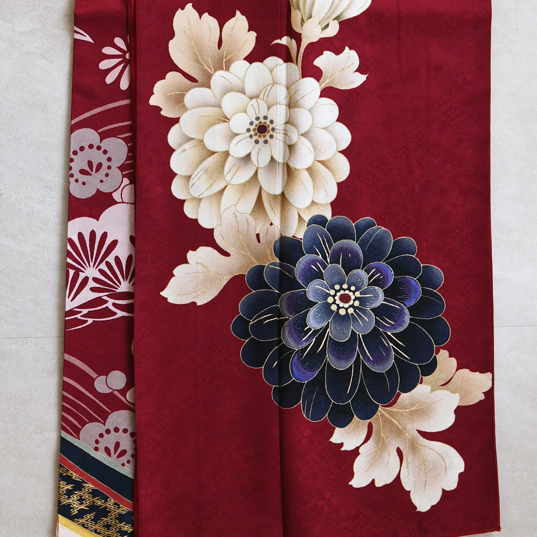 レンタル 振袖 正絹着物+袋帯 21点セット 絵羽 深紅に大きな古典菊