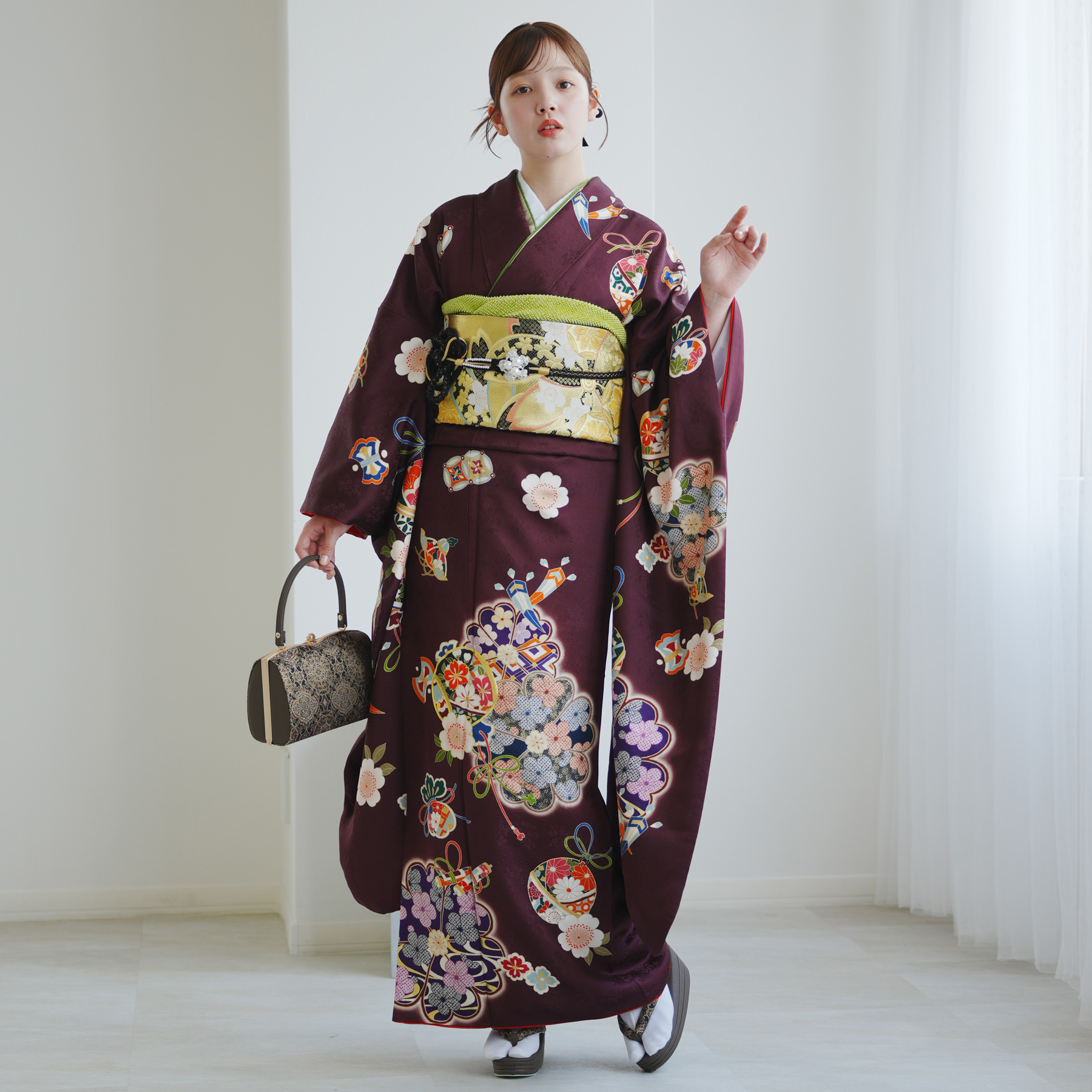 レンタル 振袖 正絹着物+袋帯 21点セット 絵羽 ボルドーに古典花結び