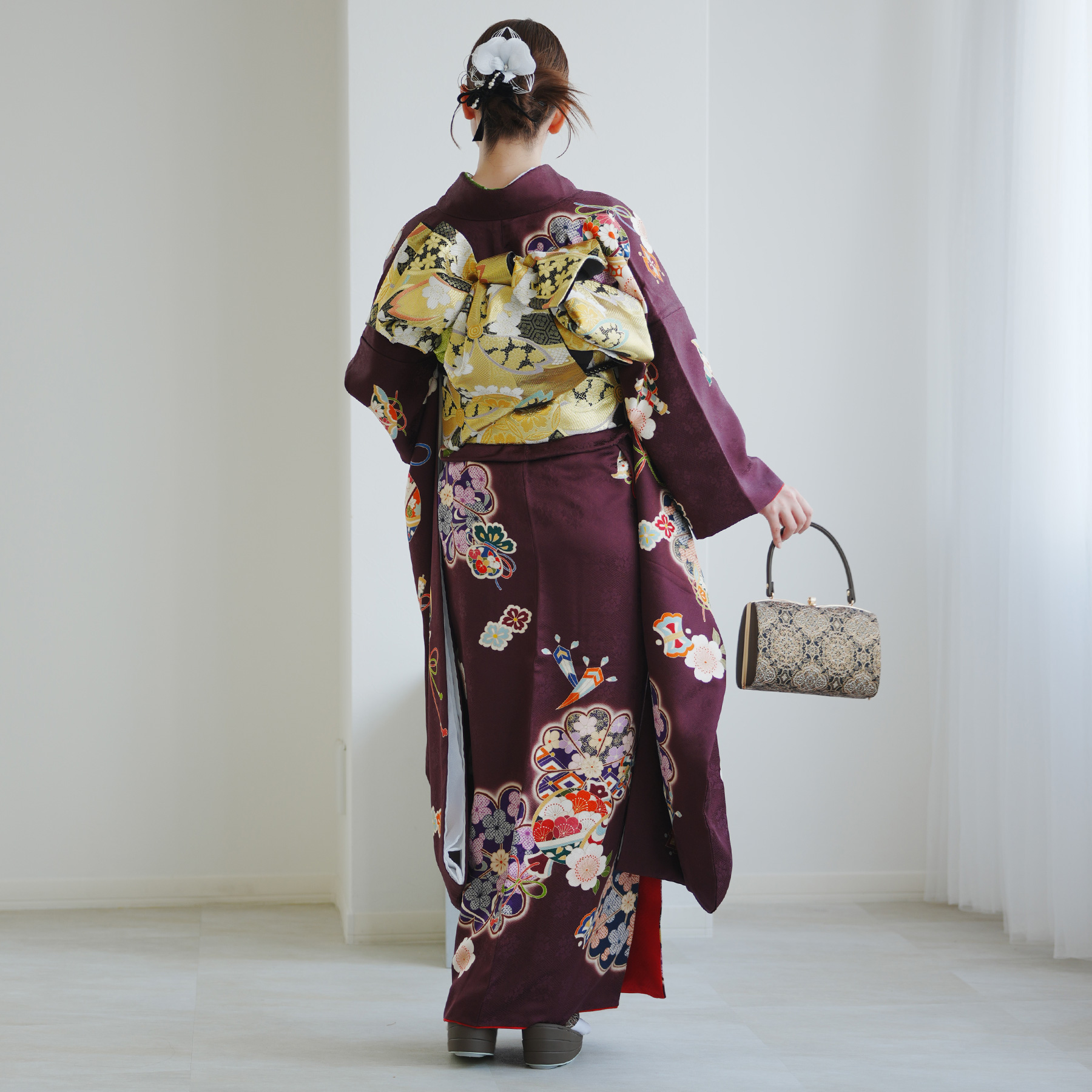 レンタル 振袖 正絹着物+袋帯 21点セット 絵羽 ボルドーに古典花結び