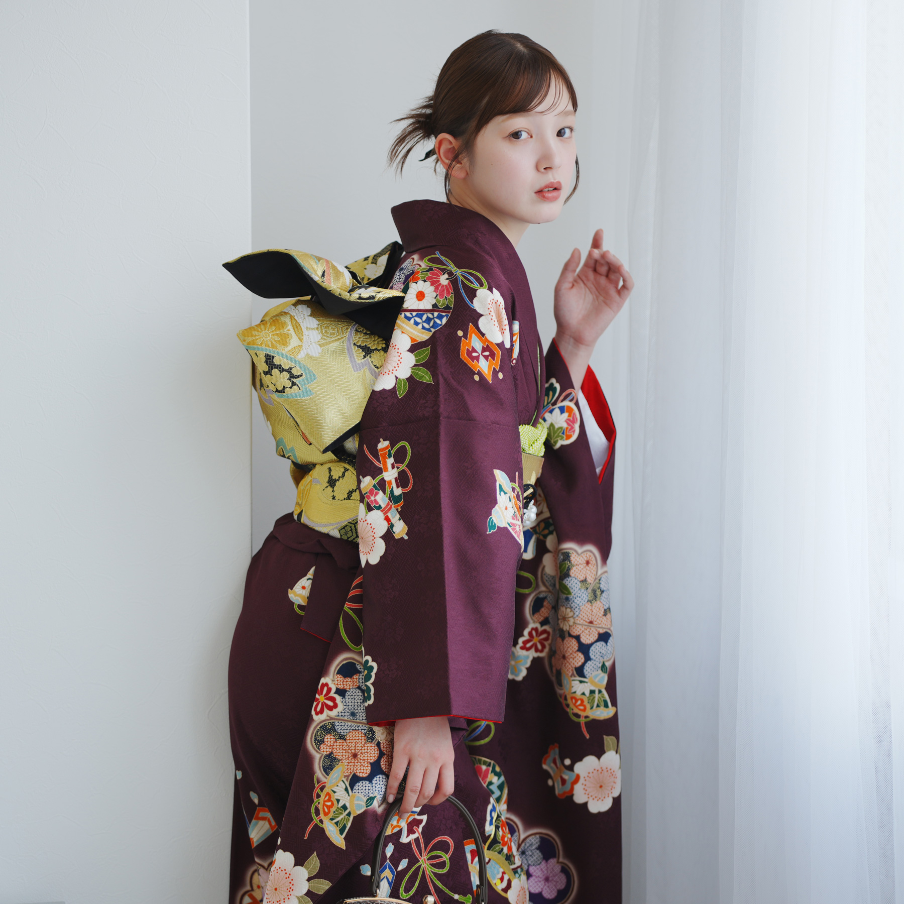 レンタル 振袖 正絹着物+袋帯 21点セット 絵羽 ボルドーに古典花結び