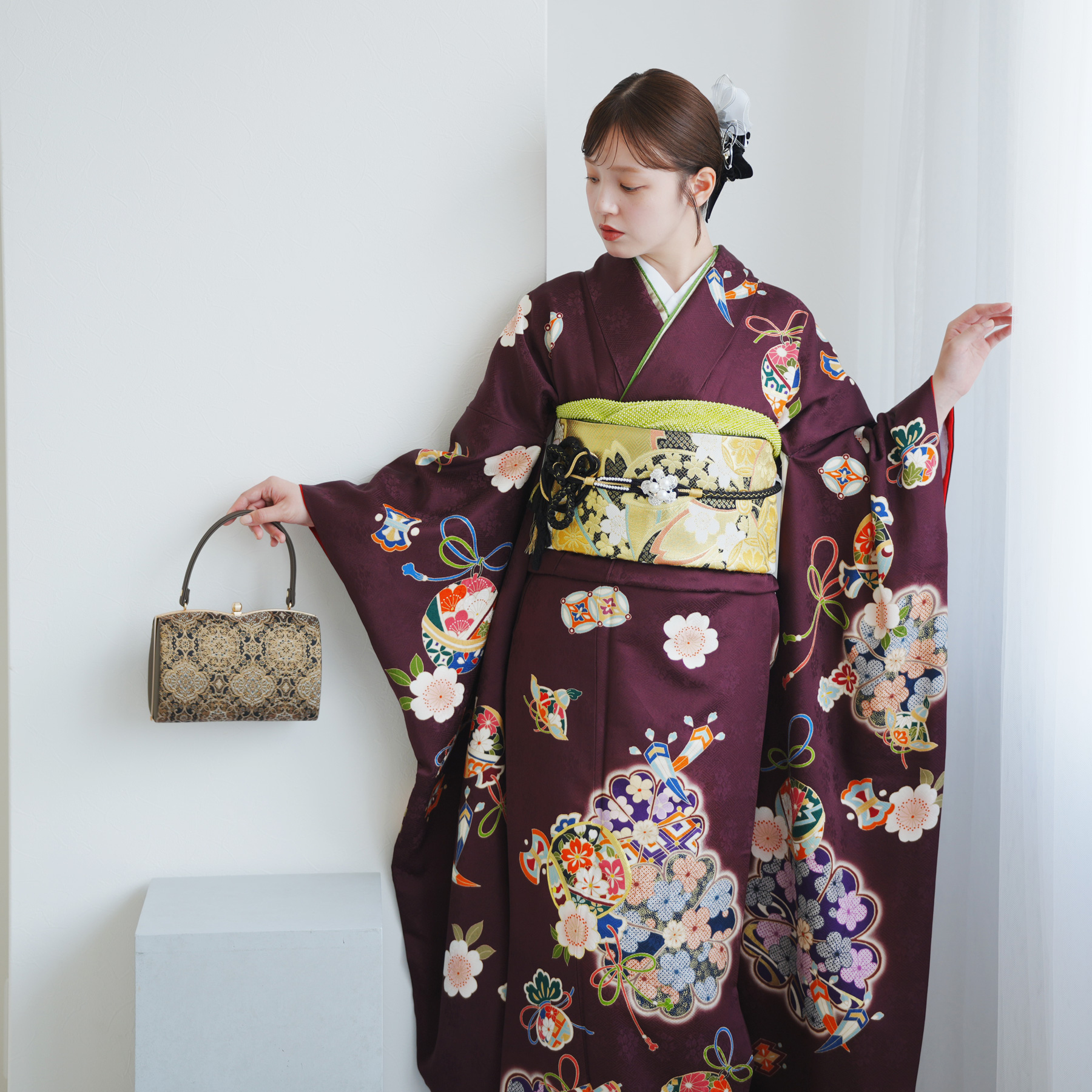 レンタル 振袖 正絹着物+袋帯 21点セット 絵羽 ボルドーに古典花結び