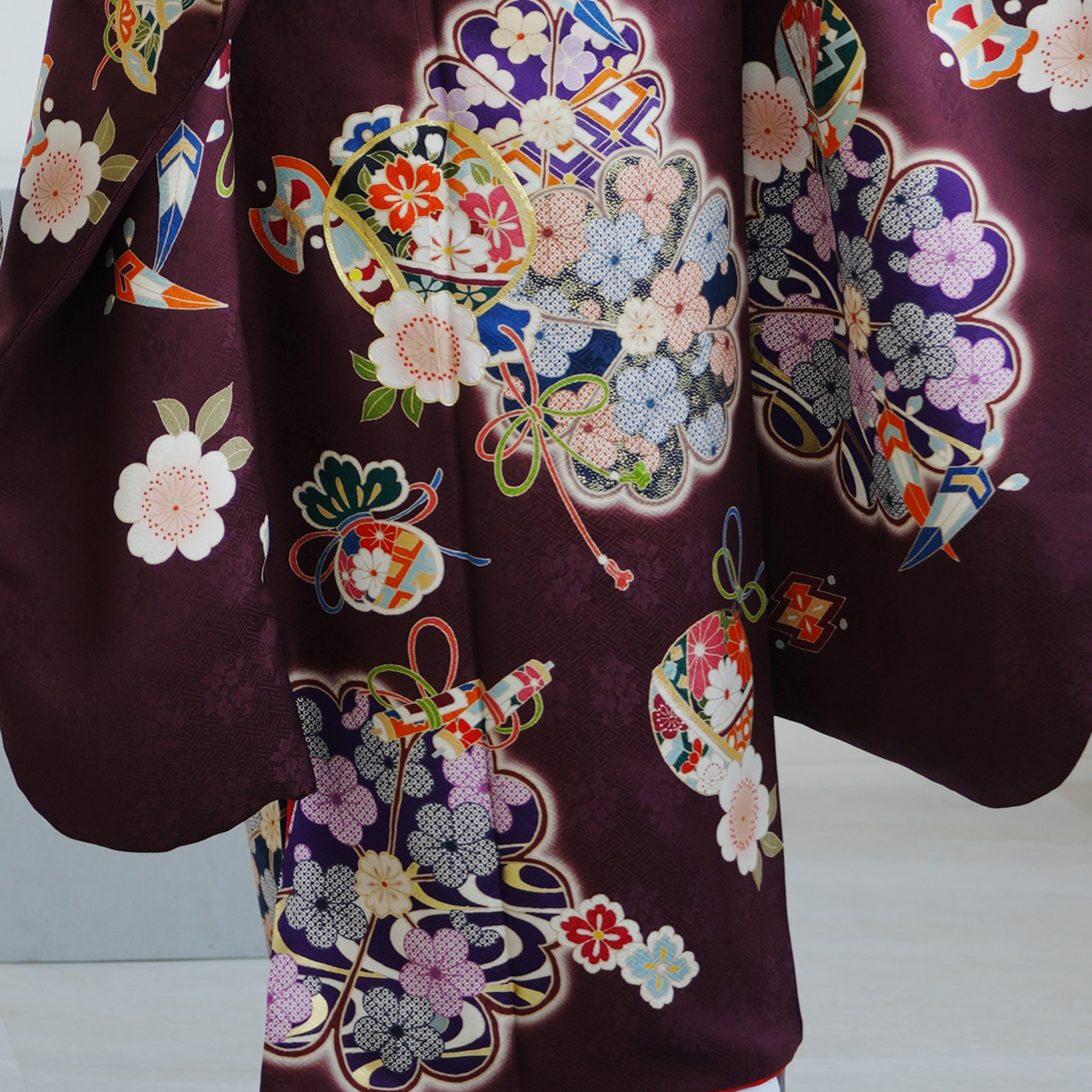 レンタル 振袖 正絹着物+袋帯 21点セット 絵羽 ボルドーに古典花結び