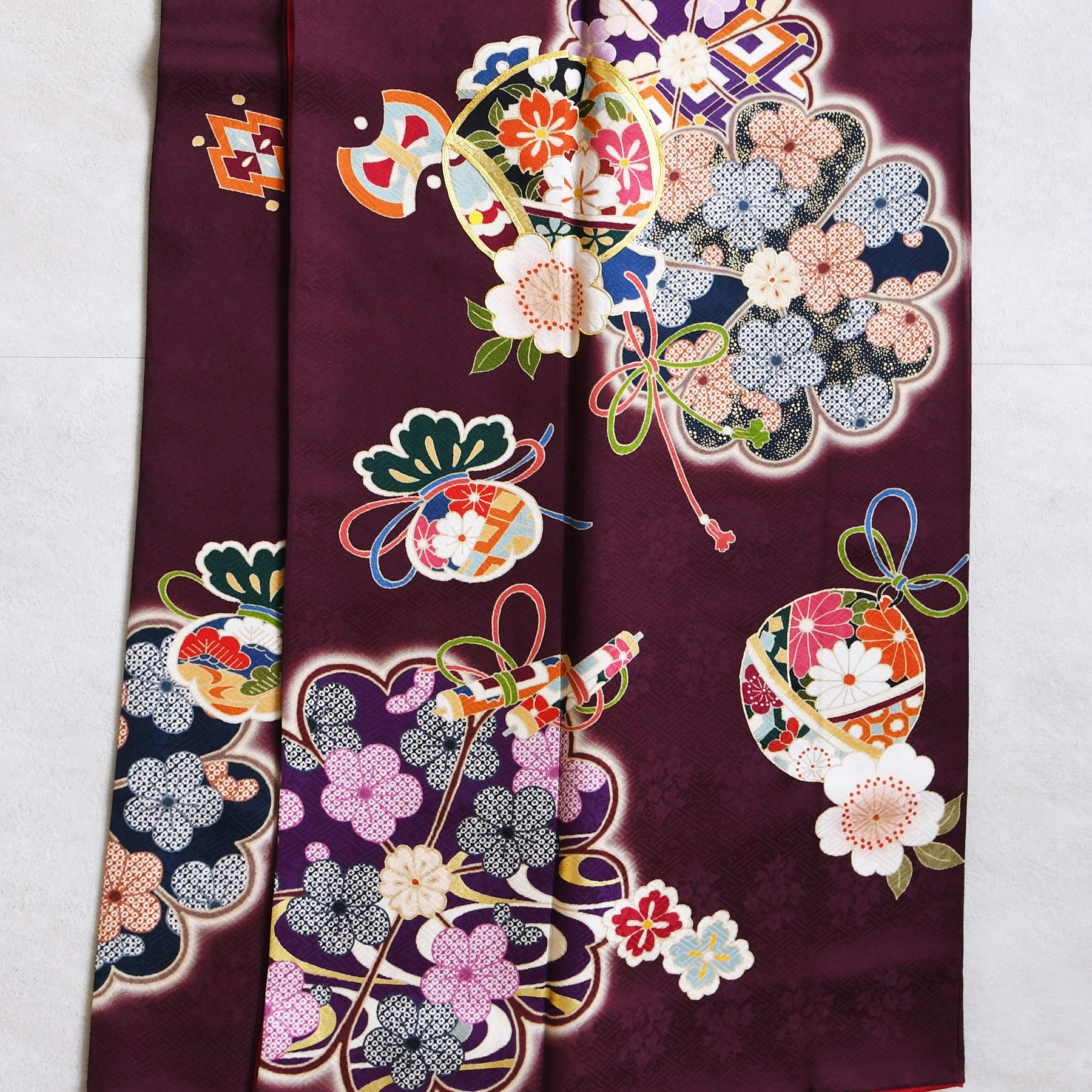 レンタル 振袖 正絹着物+袋帯 21点セット 絵羽 ボルドーに古典花結び
