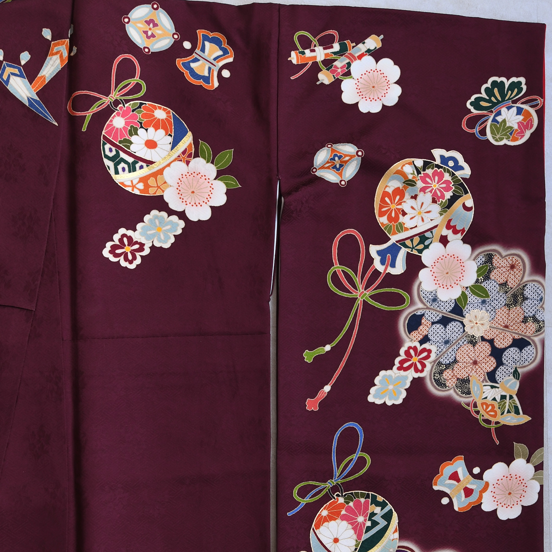 レンタル 振袖 正絹着物+袋帯 21点セット 絵羽 ボルドーに古典花結び