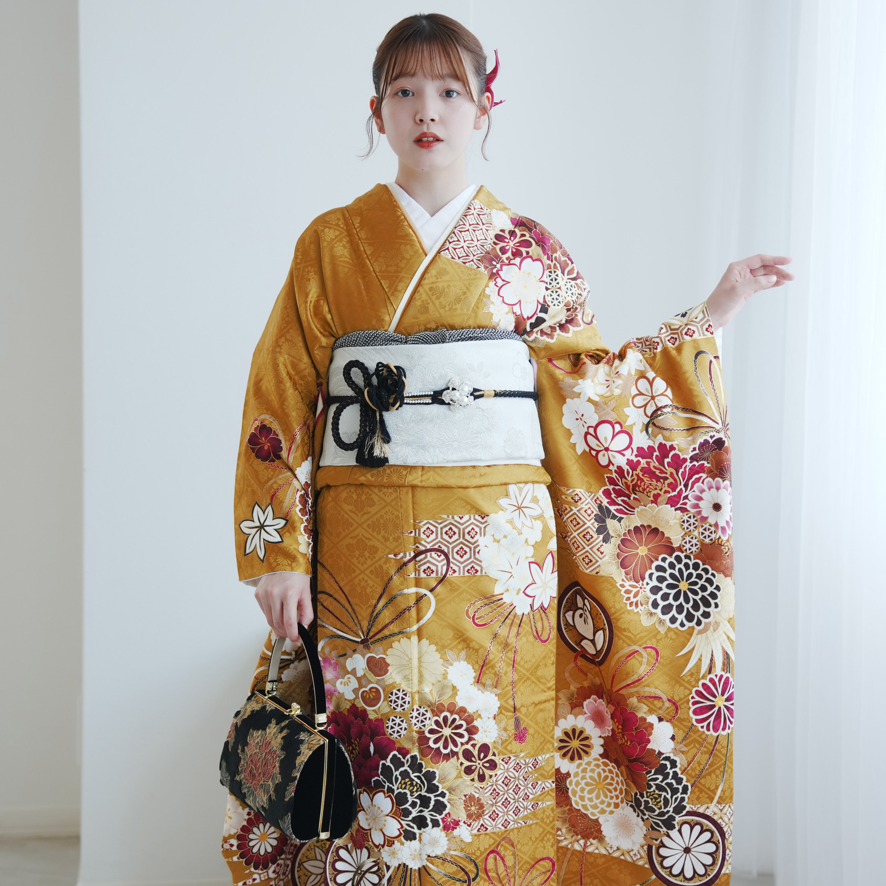 レンタル 振袖 正絹着物+袋帯 21点セット 絵羽 芥子色に古典花結び 