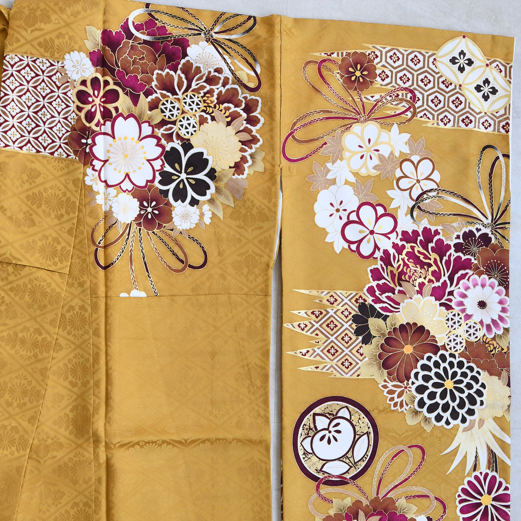 レンタル 振袖 正絹着物+袋帯 21点セット 絵羽 芥子色に古典花結び