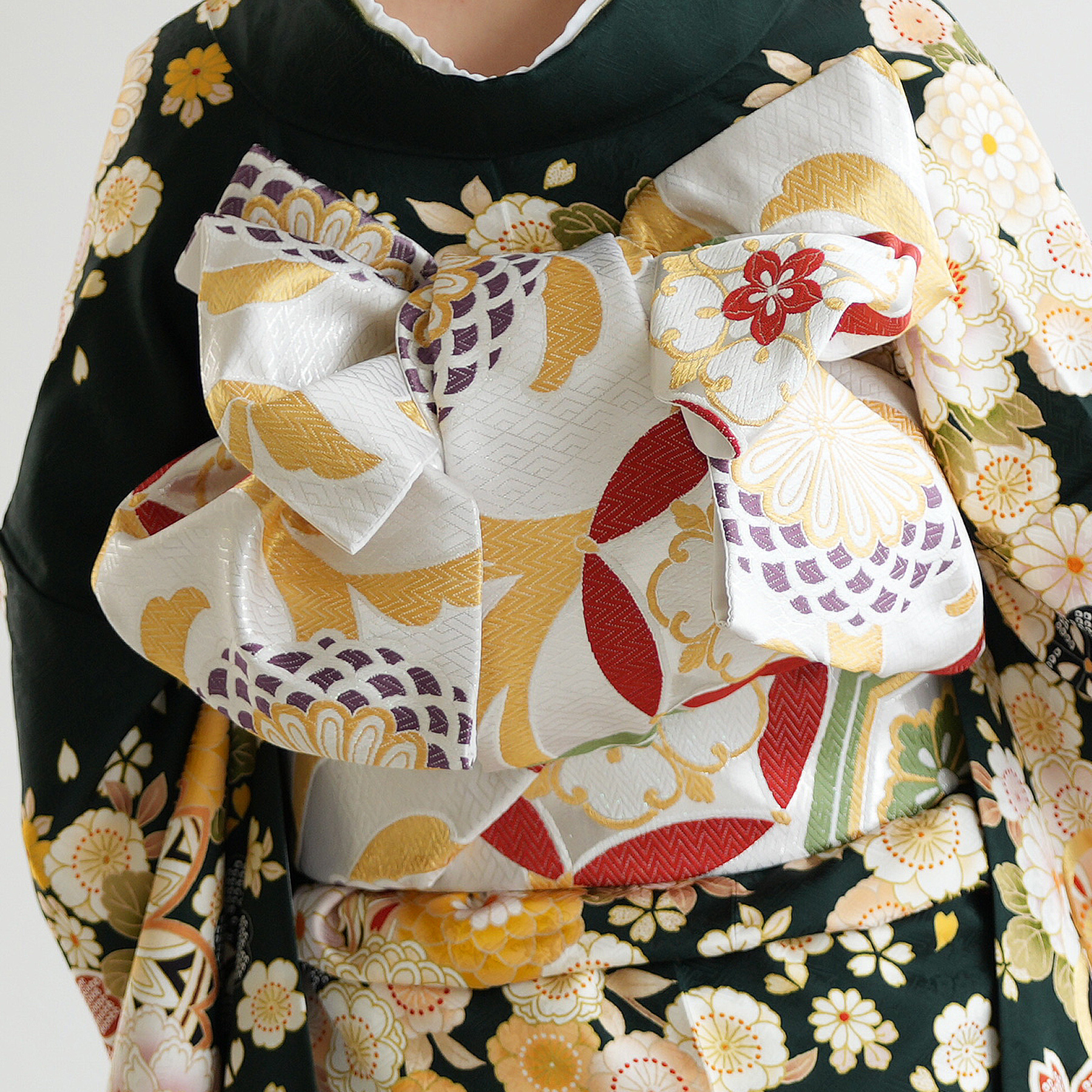 N-863◇美品 ３点セット 刺繍 着物 正絹 成人式 振袖 長襦袢 袋帯 H.L 振袖3点セット 渋濃ピンク紫地熨斗に吉祥華紋 振袖 袋帯
