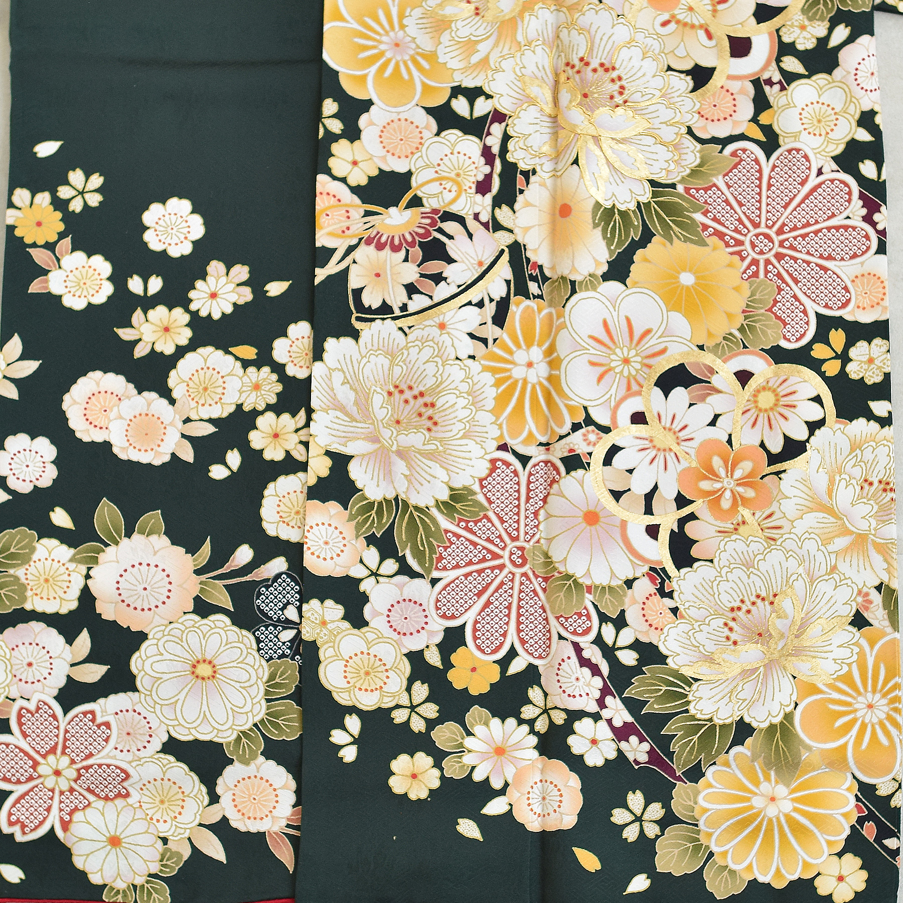 レンタル 振袖 正絹着物+袋帯 21点セット 絵羽 深緑に古典花霞 成人式