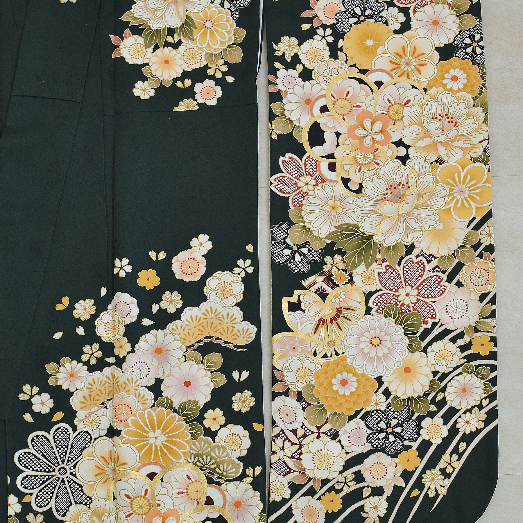 レンタル 振袖 正絹着物+袋帯 21点セット 絵羽 深緑に古典花霞