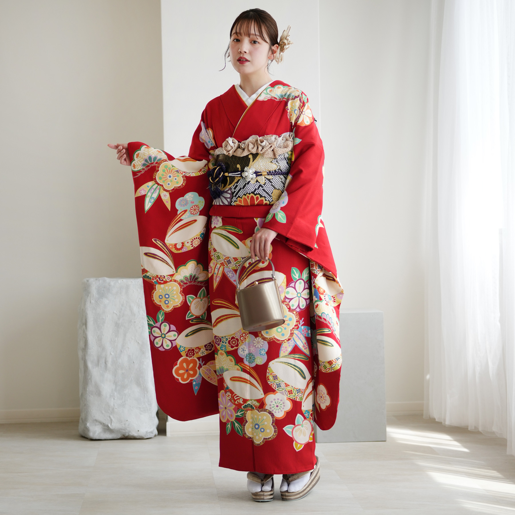 レンタル 振袖 正絹着物+袋帯 21点セット 絵羽 吉沢の友禅 特選・深緋